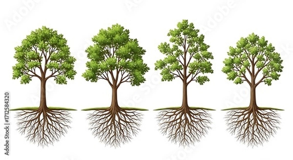 Obraz Four Trees with Detailed Root Systems.