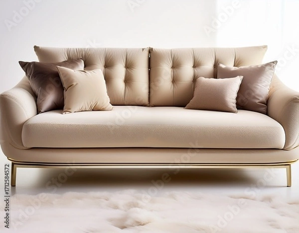 Fototapeta luxurious beige designer sofa with plush cushions perfect for a modern living room features sleek lines fine stitching and elegant design ideal for comfort and style in any high end interior