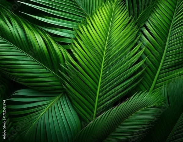 Fototapeta lush green palm leaves create a vibrant and dense texture showcasing their elongated fronds against a dark background emphasizing their tropical beauty