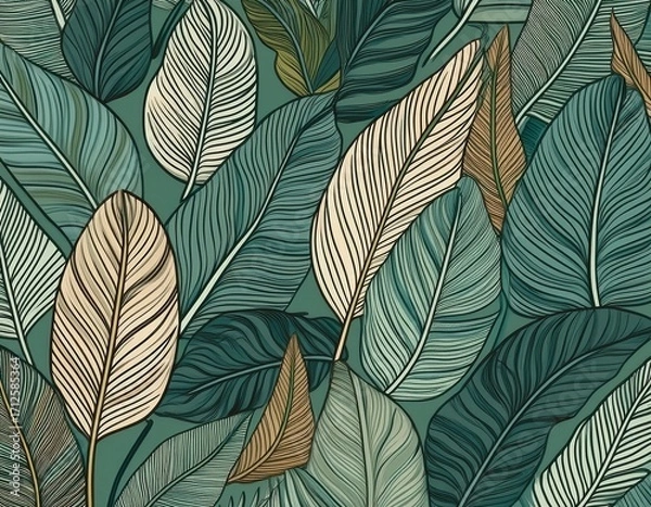 Fototapeta seamless pattern of minimalist line art tropical leaves