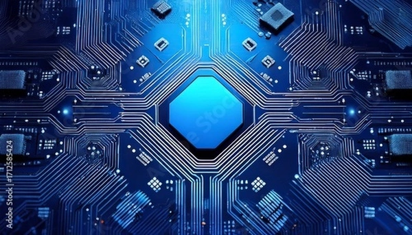 Fototapeta blue circuit board with central processor