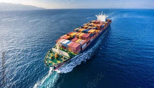 Fototapeta aerial view of a large cargo ship navigating deep blue waters laden with colorful shipping containers creating a vibrant contrast with the ocean ideal for maritime themes