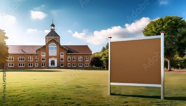 Fototapeta blank signboard mockup situated on a school campus bulletin board for showcasing event posters of educational institutions and activities