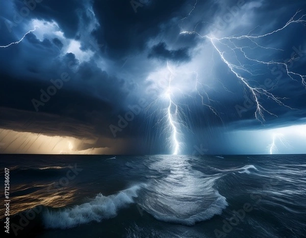 Fototapeta a ferocious thunderstorm unleashes torrential rain intense lightning and howling wind creating a dramatic and awe inspiring natural disaster water flash disaster
