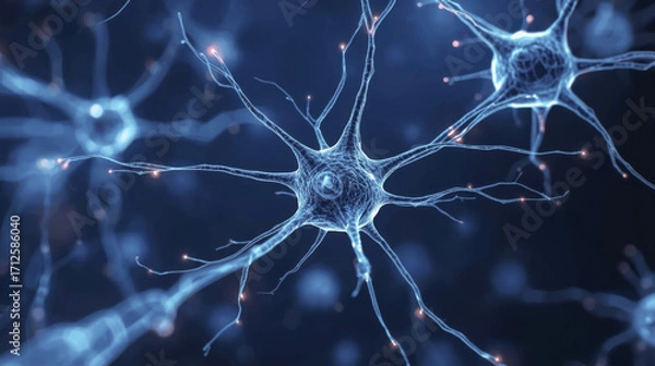 Fototapeta Cinematic close up of neuron cells with glowing synapses and electric signals connecting deep blue background, showcasing high detail