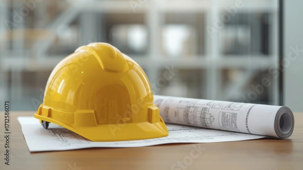 Fototapeta Close up of yellow safety helmet resting blueprints wooden table, with blurred construction site background, evokes sense of preparation