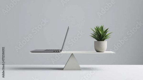 Fototapeta Conceptual image of scale balancing laptop on one side and small plant on other, showcasing harmony between technology and nature