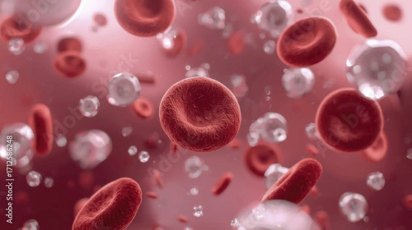 Fototapeta Futuristic D render of red blood cells, white blood cells, and platelets floating together plasma, glowing softly scientific illustration style
