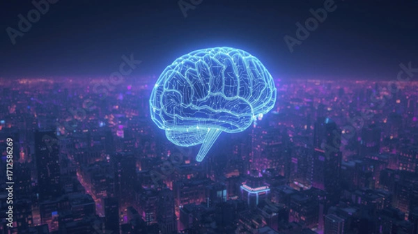 Fototapeta Glowing artificial intelligence brain made of neon circuits hovers above digital cityscape, showcasing deep blue and purple color scheme