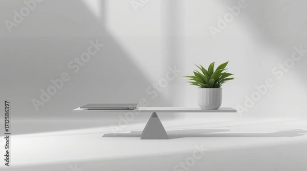 Fototapeta Minimal surreal concept of balance scale featuring laptop one side and potted plant other, set against neutral gradient background with soft