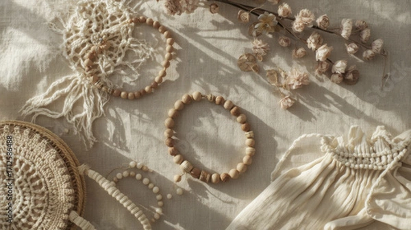 Fototapeta Natural accessories arranged on soft linen fabric, featuring handmade jewelry, dried flowers, and rattan bag, creating serene aesthetic