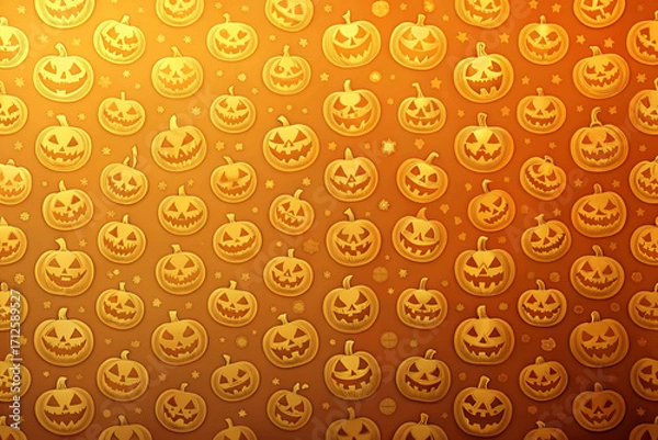 Fototapeta Deep burnt orange blending into soft golden yellow with subtle glowing pumpkin faces