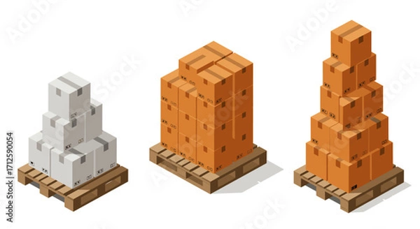Fototapeta Isometric warehouse pallets with stacked boxes for logistics and storage