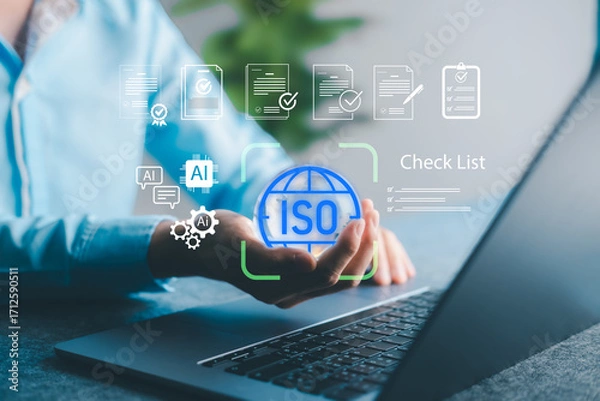Fototapeta Businessman using laptop with virtual ISO certification, AI integration, checklist icons, representing digital compliance, quality assurance, and smart documentation.