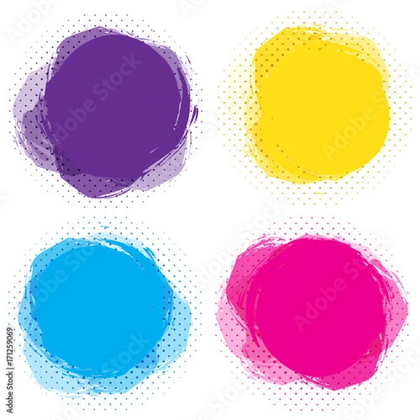 Fototapeta Set of colorful circular spots, round abstract banners. Template for design and paste text. Graphic banners design. Universal application. Bright, funny labels, cards, stickers. Vector illustration
