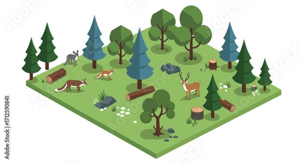 Fototapeta Isometric woodland scene with wildlife and trees in a forest clearing