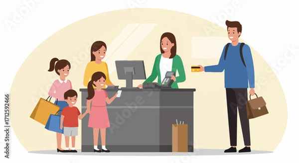 Obraz People shopping scene showing parents with children at checkout counter. People shopping event includes smiling man and woman, cashier worker, parents with kids buying goods at checkout counter.