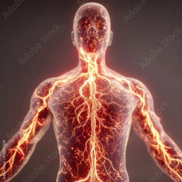 Obraz Digital illustration of human nervous system anatomy, front view, glowing lines