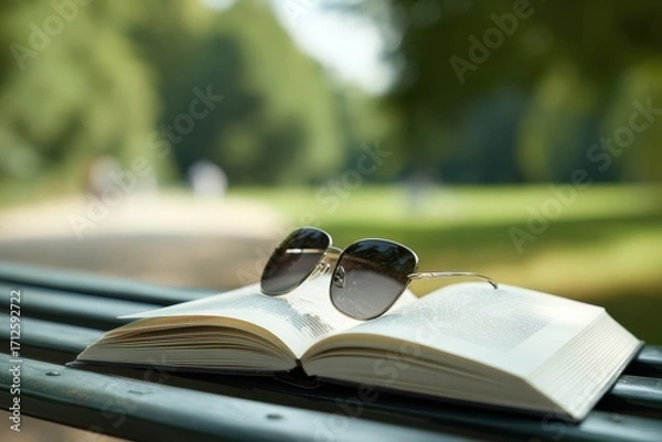 Fototapeta Open book with sunglasses resting on pages on a park bench