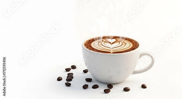 Fototapeta White mug of latte coffee with heart art and scattered beans
