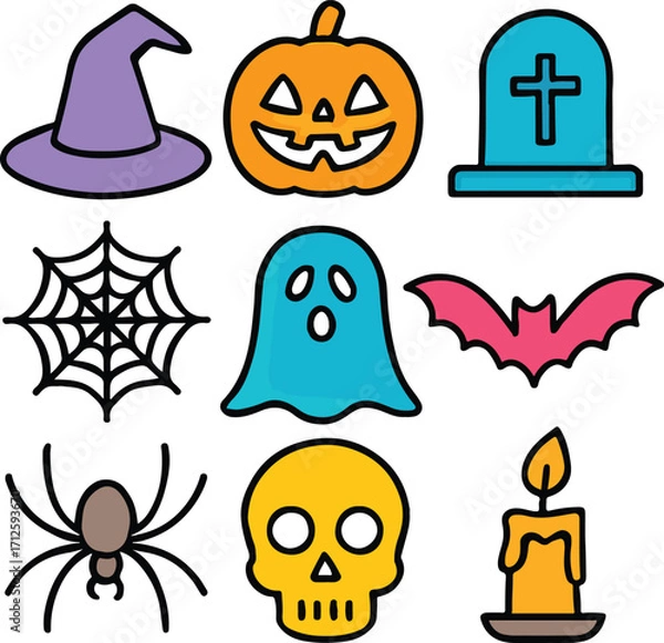 Obraz "Colorful Halloween Line Art Icon Set – Vibrant Vector Illustrations Featuring Witch Hat, Jack-o'-Lantern, Tombstone, Spiderweb, Ghost, Bat, Spider, Skull, and Candle on White Background for Seasonal 