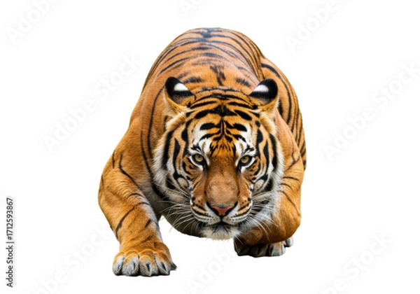 Fototapeta Isolated tiger crouching down, ready to pounce, stalking its prey in the wild, beautiful animal