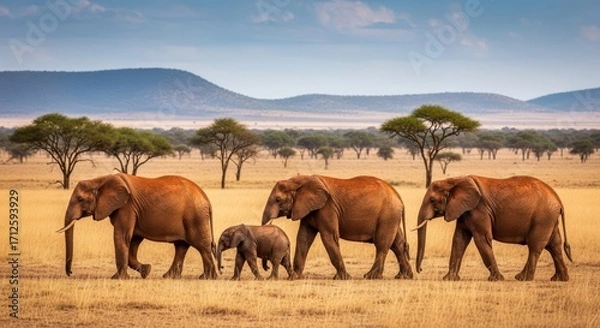 Obraz African Elephant Family Walks Across the Savannah Under a Wide Sky