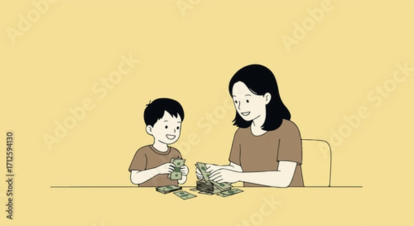 Fototapeta Child savings session with mother and child, counting money together at table, joyful scene. Child savings concept: family financial education, teaching responsibility and money value in early years.
