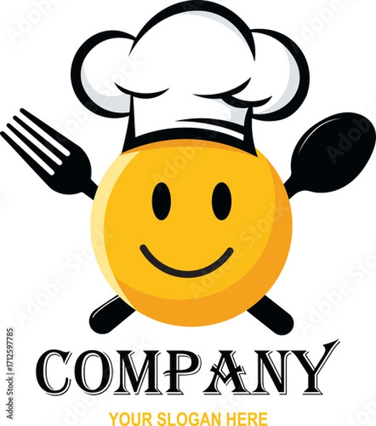Fototapeta Smiling chef logo with a fork and spoon, perfect for a restaurant or food business