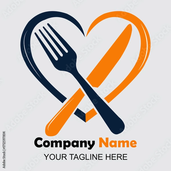 Fototapeta Elegant restaurant logo with heart shape, featuring fork and knife in a creative design