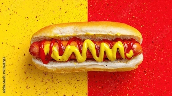 Fototapeta Hot dog with mustard and ketchup on yellow and red background