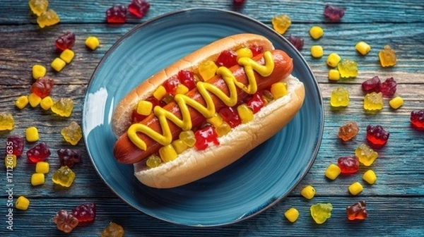 Fototapeta plate of hot dogs wrapped in bacon and served with ketchup and mustard