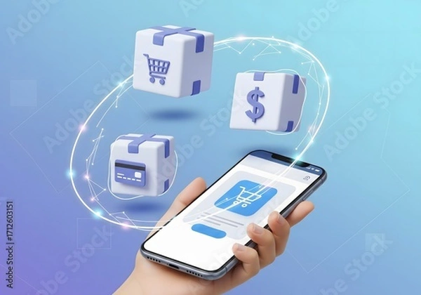 Fototapeta Seamless Mobile Shopping Boxes with Credit Cards, Carts and Dollar Signs Orbit a Phone