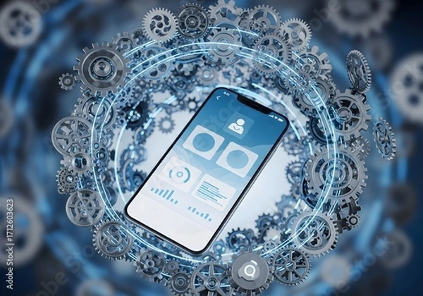 Fototapeta Mobile App Innovation Smartphone Surrounded by Gears and Futuristic Technology