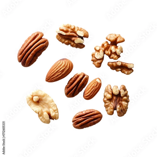 Fototapeta Pile of mixed nuts, various types, close-up isolated on background (PNG)