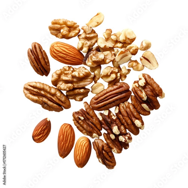Fototapeta Pile of mixed nuts, various types, close-up isolated on background (PNG)