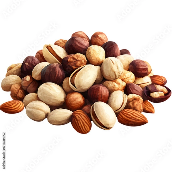 Fototapeta Pile of mixed nuts, various types, close-up isolated on background (PNG)