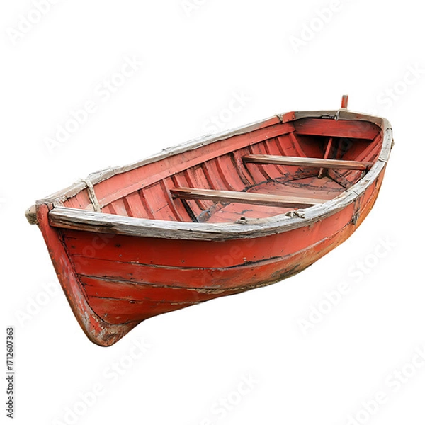 Fototapeta Antique Weathered Wooden Rowboat with Faded Red Paint isolated on background (PNG)