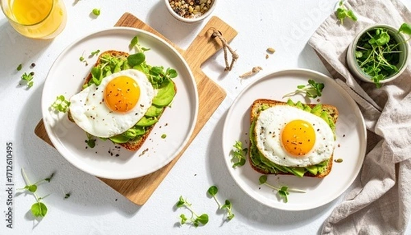 Fototapeta Morning Breakfast Flatlay- Avocado Toast with Fried Egg