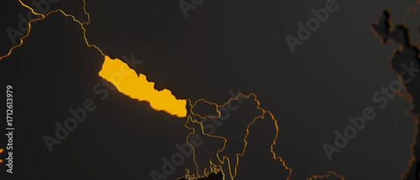 Fototapeta Golden Nepal 3d map surrounded with other countries in black with golden borders and shallow dof. Asia political map with borders