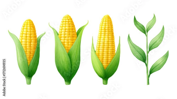 Fototapeta Yellow corn cob with green husk and fresh green leaves isolated on transparency background, natural healthy food concept