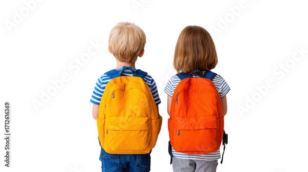 Fototapeta Two children with backpacks, view from behind, isolated on white background.