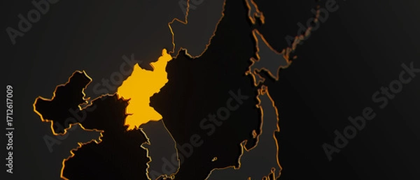 Fototapeta Golden North Korea 3d map surrounded with other countries in black with golden borders and shallow dof. Asia political map with borders