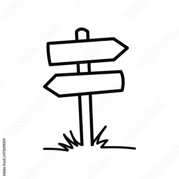 Fototapeta Black line drawing shows directional signpost rising from the grass against white background