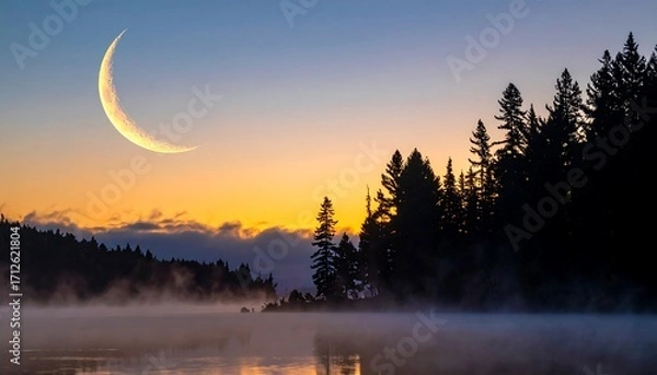 Fototapeta Serene Crescent Moon Over Misty Lake and Forest at Sunset.