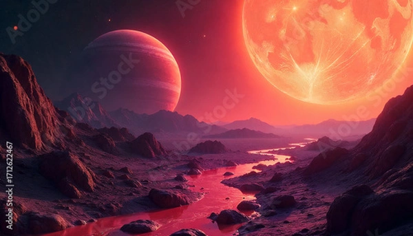 Fototapeta Lava Planet: Fiery Rocky Exoplanet in Synchronous Orbit.