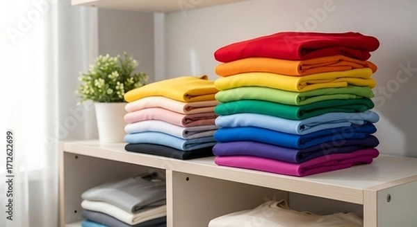 Fototapeta Neatly Stacked Colorful Tshirts on Shelf.