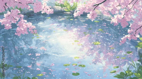 Obraz 桜 さくら 木 花びら 咲く 水 湖 はる 春 日本 アニメ风 背景 壁紙