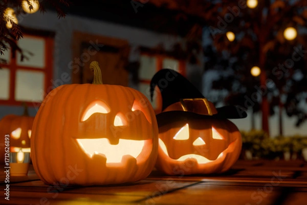 Obraz Halloween carved pumpkins with glowing faces and a witch hat on a wooden surface. 3d rendering