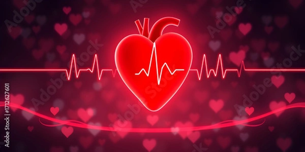 Fototapeta Red heart with cardiogram and glowing lines on a beautiful background with space for text or inscriptions. Health and medicine theme, banner or medical background
